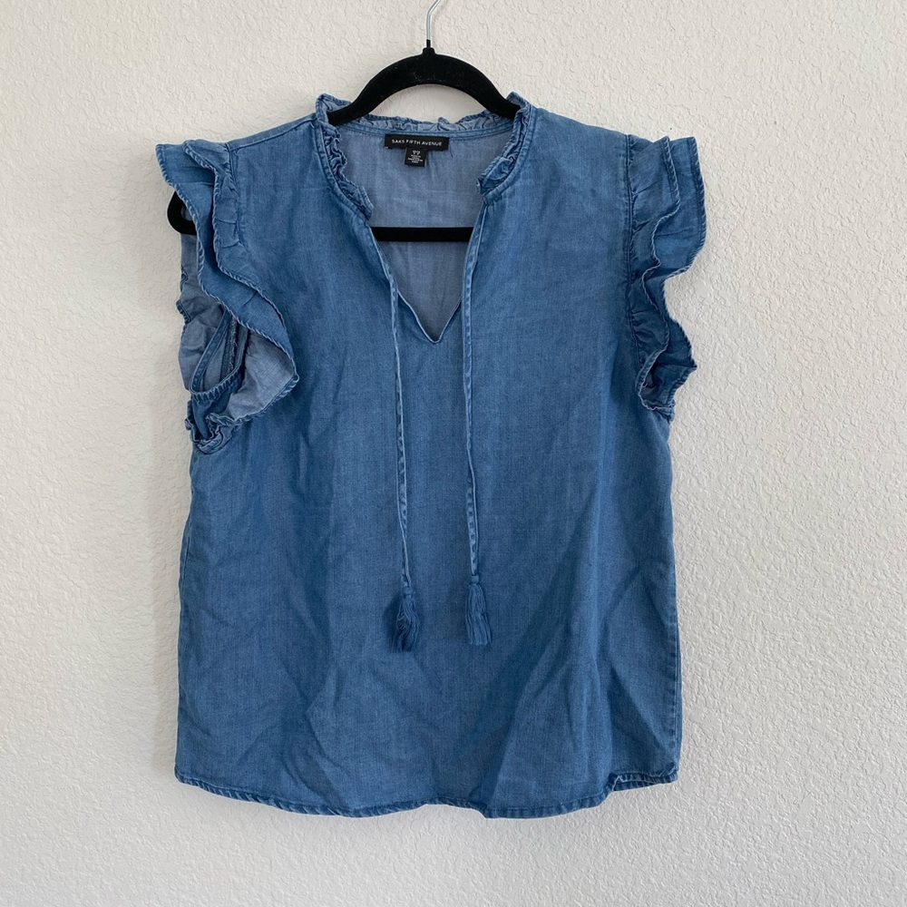 Saks Fifth Avenue Blue Chambray Top Ruffled Sleeves Preppy Fall Size SP